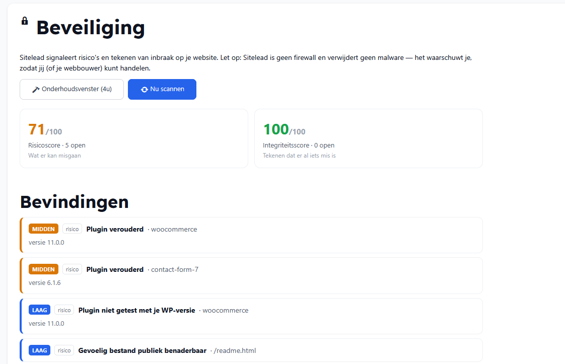 Sitelead-dashboard, tabblad Beveiliging: risicoscore en integriteitsscore naast elkaar met daaronder bevindingen per ernst